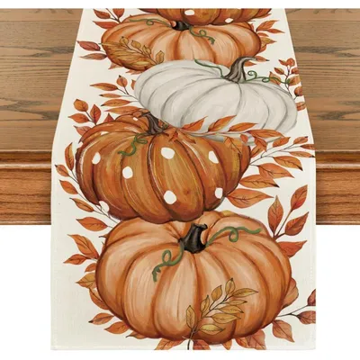 Immagine prodotto di Centrotavola autunnale con foglie e zucche, 40x240 cm, color beige, 100% poliestere