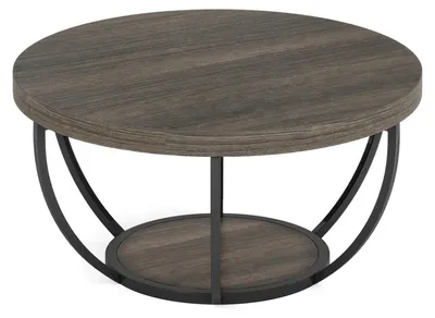 Image de Table basse ronde pour salon - Table basse en bois à 2 niveaux - Design industriel - Diamètre 80 cm, hauteur 44 cm - Style moderne et minimaliste - Gris et noir