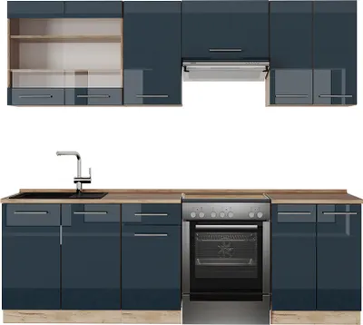 Produktbild von Küchenzeile Vicco Fame-Line Dunkelblau Hochglanz/Goldkraft Eiche 240 cm , AP Eiche, Model 49779