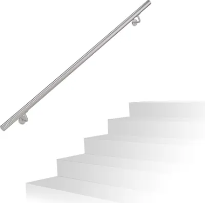Zdjęcie produktu dla Poręcz Relaxdays, stal nierdzewna 201, matowa, okrągła poręcz schodowa, wewnętrzna i zewnętrzna, 150 cm, Ø 38 mm, ze wspornikiem, srebrna