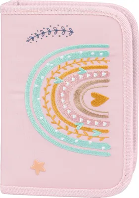 A close-up view of a pink fabric item with a rainbow embroidery.