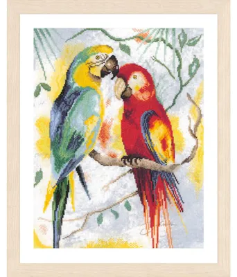 Produktbild von Lanarte Kreuzstich Stickpackung "Tiere: Papageiengeflüster", Zählmuster, 29x39cm