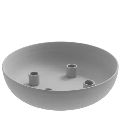 A light gray, shallow bowl-shaped candle holder with three cylindrical candle holders inside.