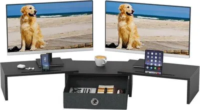 Productafbeelding van Famanu Monitorstandaard met lade - Hout, voor 2 monitoren (zwart - 99 x 23,6 x 15,5 cm)