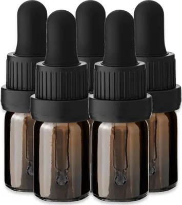Produktbild von 5x Glasflasche braun 5 ml mit schwarzer Tropfpipette Nachfüllbar leer