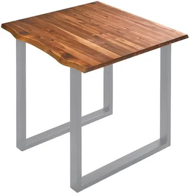 Produktbild von Esstisch Esra 80 x 80 cm, Akazienholz massiv, cognacfarben, Baumkantentisch mit Metallgestell in Silber, Esszimmertisch mit Baumkantenplatte 26 mm, echte Baumkante