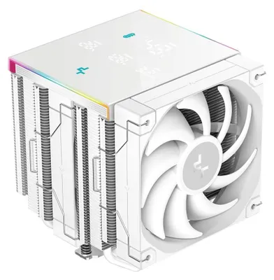 A white computer CPU cooler with a fan and heatsink.