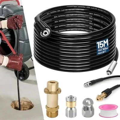 Image de Kit de tuyau pour nettoyeur haute pression - 15 mètres - Buse fixe - Buse rotative - Raccordement M22 - Adaptateur - Compatible avec les modèles K2 à K7
