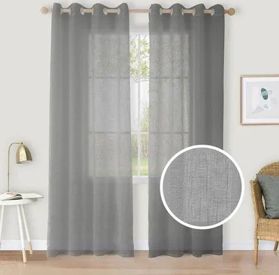 Image de Rideaux VOILE gris aspect lin avec œillets, semi-transparents, pour chambre à coucher ou salon, 225 x 140 cm, lot de 2