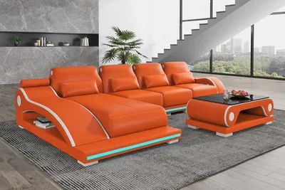 Produktbild von Luxus Ledersofa Ecksofa L Form Liege Orange Sofa Moderne Couch