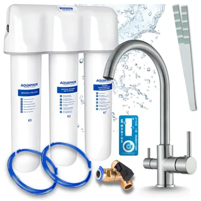 Produktbild von Ari 3-Wege-Küchenarmatur Linko, Edelstahl, Spültischarmatur Im Set Mit Aquaphor Kristall A Wasserfiltersystem, Untertischanlage