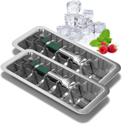 Image de Ensemble de 2 moules à glaçons en acier inoxydable 18/8 avec levier et poignée ergonomique – Bac à glaçons sans plastique et sûr pour les aliments, pour 36 glaçons