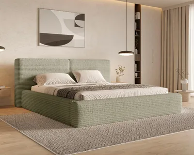 Produktbild von Chilly Möbel Design Bett Nolia - Polsterbett mit stabilem Metallrahmen, Bettkasten, Lattenrost und gemütlichem Kopfteil 180x200 cm / Cord Rib / Olivgrün