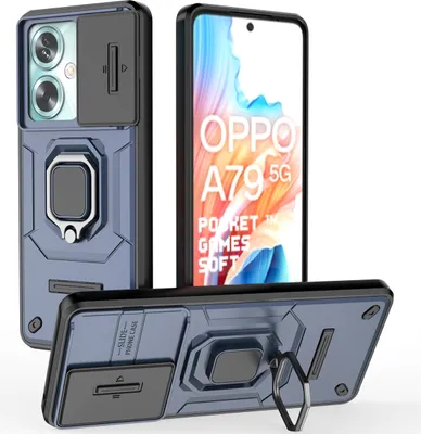 Image de Etui pour Oppo A79 étui double couche avec protecteur d'appareil photo coulissant et support d'anneau, stand bleu
