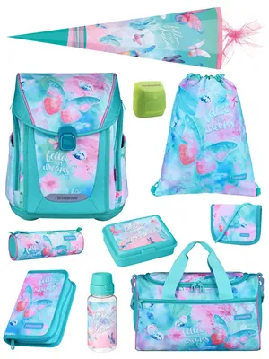 Produktbild von Mädchen Schulranzen 1. Klasse in Türkis Rosa mit Butterfly Schmetterlinge Motiv 10tlg. Set Schultasche mit Sporttasche und Schultüte / Zuckertüte