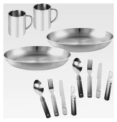 Produktbild von Edelstahl Geschirrset für Camping: 2 Bestecksets, 2 Teller, 2 Tassen