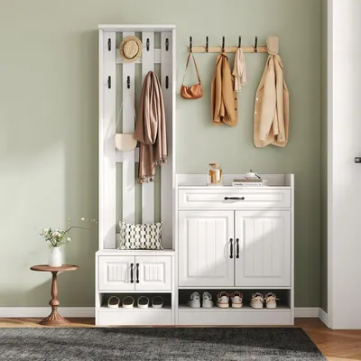Produktbild von Flieks Garderobenset mit Schuhbank und schuhrank ,8 Haken, 4 Türen, 1 Schublade, Wandgarderobe, Flurmöbel-Set für Diele, Eingangsbereich, Weiß
