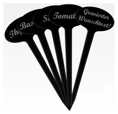 Produktbild von 5er Set Pflanzenschilder mit Gravur - Selbstgestaltbar - Stilvolle Kräuterschilder aus schwarzem Acryl für den Garten - Kräuterstecker für Beet und Kräutergarten - 5er Set