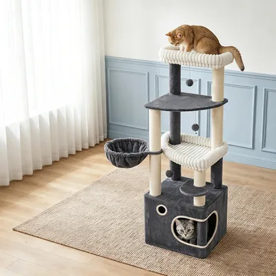 Produktbild von Fobyfurny Kratzbaum, 151 cm hoch Katzenbaum, 6 Kratzstämme, 1 großes Katzenhaus, 3 Große Plattformen, Katzenkorb und 3 Plüschbällen