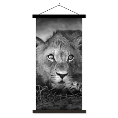 Produktbild von MuchoWow® Textilposter Wildtiere - Löwe - Natur - Schwarz - Weiß 40x80 cm mit schwarzem Rahmen - Wandemalerei