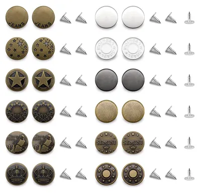 Produktbild von Jeansknöpfe - 24 Stück verstellbare Ersatzknöpfe und 30 Stück Jeans Button Pins mit Nieten - Zur Hosen-Reparatur - Ø 17 mm - 12 Styles