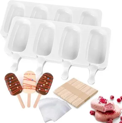 Produktbild von Silikonformen (2 Stück) mit 100 Holzstäbchen und 10 Verpackungsbägen - BPA-frei - Für Eis, Dessert und Schokoladenherstellung mit Kindern und Erwachsenen