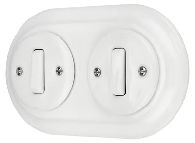 Produktbild von Einbauschalter aus Porzellan, Retro-Design, 2-fach, All-in-One, SET-Serie, weiß