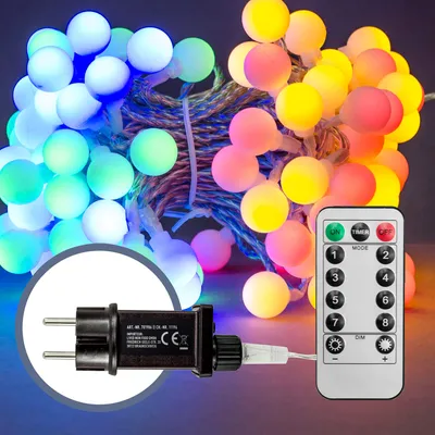 Produktbild von 120 LED Kugeln Lichterkette, 3.6W RGB 17 m IP44 Schutzklasse, 8 Lichtmodi, Timer, Fernbedienung, für Balkon, Garten, Geländer, Innen & Außen Dekoration