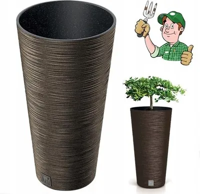 A large planter on the left and a smaller planter with a plant in it on the right, with a cartoon gardener illustration above the smaller planter.