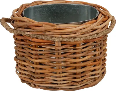 Produktbild von KRINES HOME Großer Pflanzkorb oval aus Natur Rattan 55x45cm mit Griffen und Einsatz aus Zink / geflochtener Übertopf aus Rattan / Größe L auch als Holzkorb einsetzbar