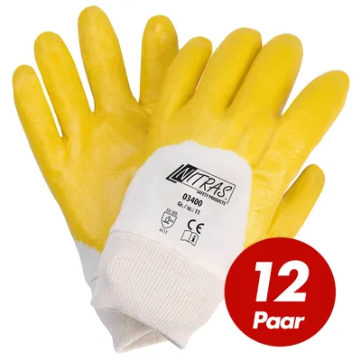 Produktbild von NITRAS 03400 Nitrilhandschuhe mit Strickbund gelb - teilbeschichtet auf Baumwoll-Trikot Handschuh - VPE 12 Paar Größe:10
