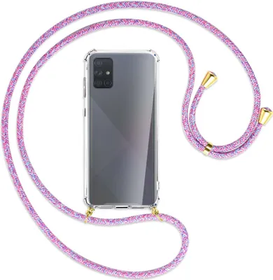 Produktbild von Handykette Backcover-Schutzhülle mit Band (Metall goldfarben) für Samsung Galaxy A71 (A715) - lila/rosa/blau
