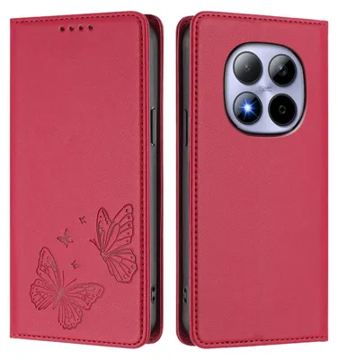 Image de Étui en cuir pour Xiaomi Redmi Note 15 Pro 4G, motif papillon en relief, étui à rabat avec porte-appareil, rouge