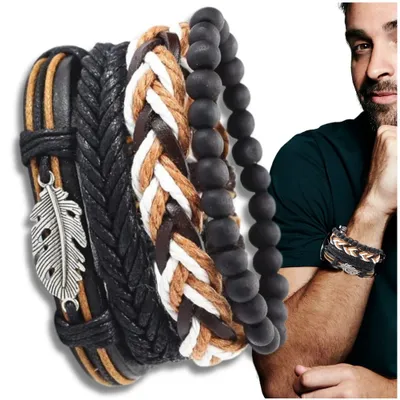 Produktbild von EDIBAZZAR | Set aus 4 Herren-Lederarmbändern mit Perlen und einem Anhänger