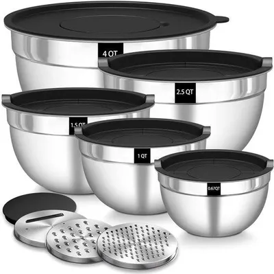 Immagine prodotto di Set di ciotole da cucina Famanu, 5 pezzi - acciaio inossidabile, con coperchio e 3 grattugie