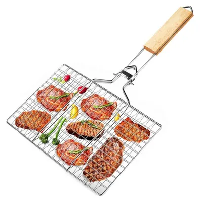 Image de Grille en acier inoxydable, pour barbecue et poisson, avec poignée en bois