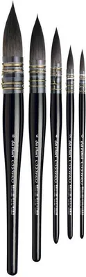 A set of five black paintbrushes of varying sizes, arranged diagonally from largest to smallest.