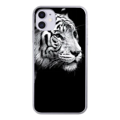 Produktbild von MuchoWow® Handyhülle Schutzhülle Hülle für iPhone 11 Studioaufnahme eines weißen Tigers auf schwarzem Hintergrund Silikon Softcase Handy Hülle - Handytasche