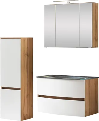 Produktbild von Waschtisch-Set Badezimmer Bad-Set "Kopenhagen IV" Wotaneiche, Matt Weiß