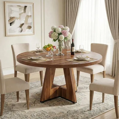 Image de Table de salle à manger Lailang, 120 cm, design moderne, table en bois, pour 4 personnes, table de cuisine, dimensions : 120 x 120 x 75 cm, couleur marron rustique