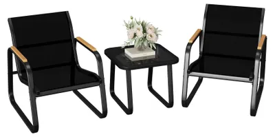 Obrázok produktu pre Sada záhradného nábytku – Balkónová relaxačná sada, 3-dielna – 2 kreslá, 1 stôl – kovová konštrukcia – odolná voči poveternostným vplyvom, určená na vonkajšie použitie – pre 2 osoby – čierna