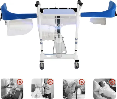 Obrázok produktu pre Hydraulický zdvihák pre pacientov a invalidné vozíky, nosnosť 100 kg, nastavenie výšky 42 cm – 60 cm, operadlo nastaviteľné v uhle 180°, 4 kolieska z TPE s brzdami, pohodlný ergonomický dizajn