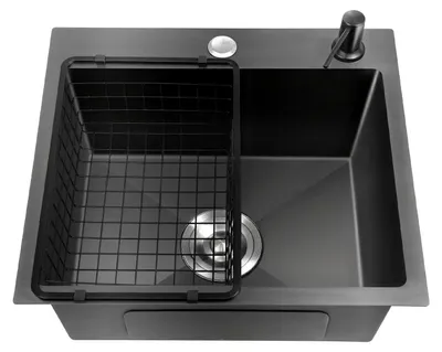 Obrázek produktu pro Dřez do kuchyně – vestavěný dřez 45 x 40 cm – 1 komora – nerezová ocel 201 s nano-povlakem – obdélníkový – s odkapávacím košem, dávkovačem mýdla, dvěma otvory, bez baterie – černý
