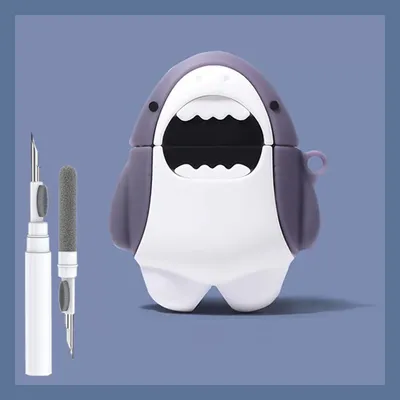 Produktbild von Gilt für AirPods 1/2 Hülle 3D Hai Cartoon Kawaii Silikon Case mit Reinigungsset Karabiner Schlüsselanhänger Lustig Schutz für Jungen Mädchen Kinder