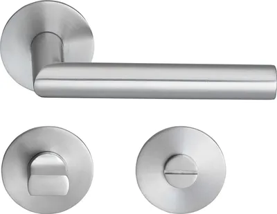 A set of stainless steel door handles and escutcheons on a white background.