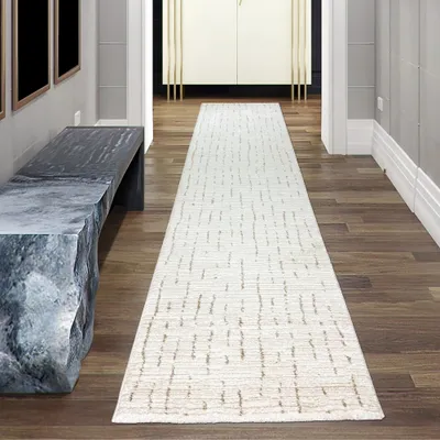 Produktbild von Teppich Wohnzimmer Schlafzimmer Strich Muster kuschelig creme mit beige/braunen Streifen Größe - 80 x 300 cm