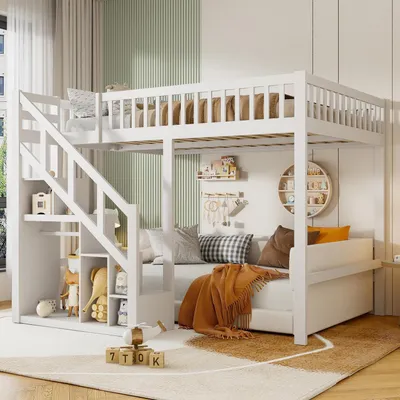 Image de Lit superposé 90x200 cm avec escalier et espace de rangement, en bois massif de pin, de couleur blanche