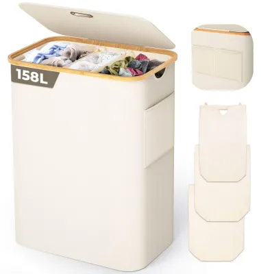 Wasmand 158 l, 3 Fächer, mit Deckel, Oxford-Gewebe, Beige