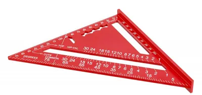 A red carpenter's square with measurement markings is shown against a white background.