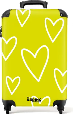 Obrázek produktu pro NoBoringSuitcases.com Příruční kufr z tvrdé skořepiny 55x35x20 cm, 36L, Barevné potisky pro ženy: Žlutý s bílými srdíčky, cestovní kufr na 4 kolečkách